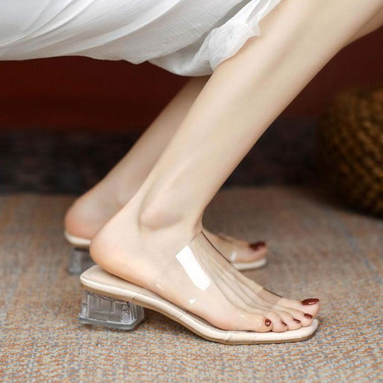 Damen Mules mit transparentem Riemendesign und glamourösem Blockabsatz EB