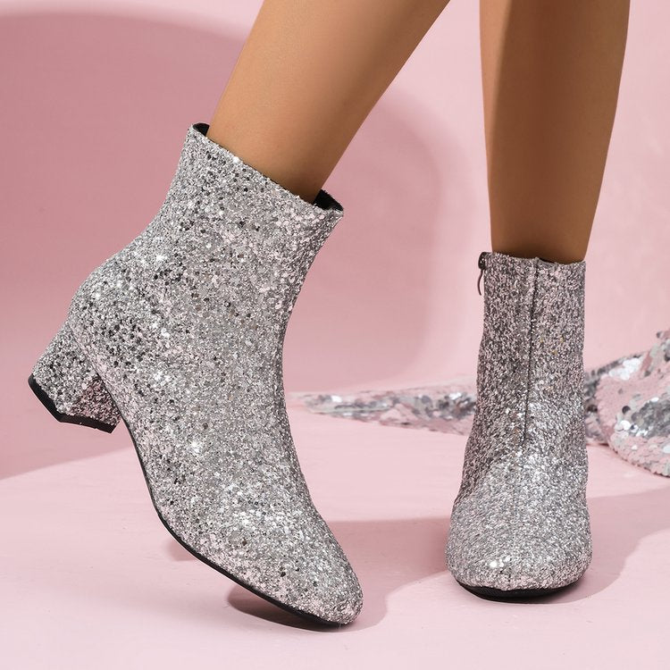 Damen glitzernde Stiefeletten mit kurzem Blockabsatz und seitlichem Reißverschluss EB