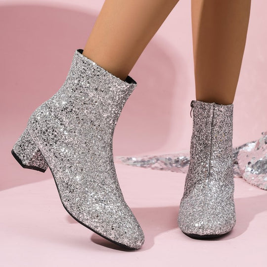 Damen glitzernde Stiefeletten mit kurzem Blockabsatz und seitlichem Reißverschluss EB