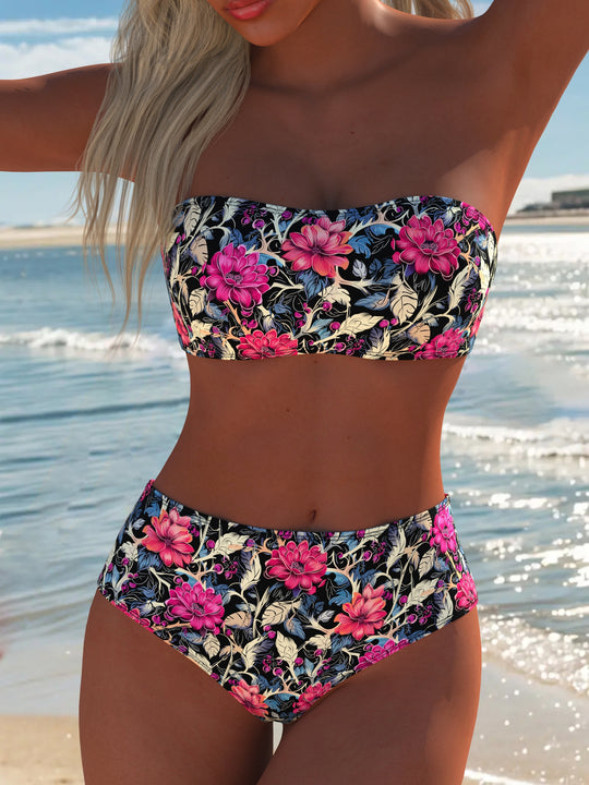 Damen Bandeau-Bikini-Set mit hohem Taillenschnitt und floralem Design EB