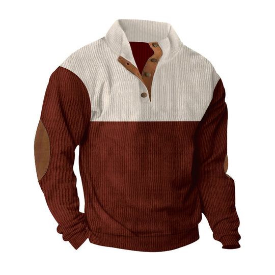 Herren nan lässiger Strickpullover mit Knopfleiste, Stehkragen und Ellenbogenpatches EB
