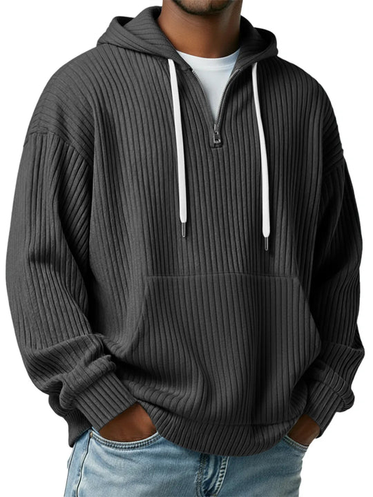Herren nan gerippter Halfzip-Hoodie mit Kapuze, Kängurutasche und oversized Casual-Schnitt EB