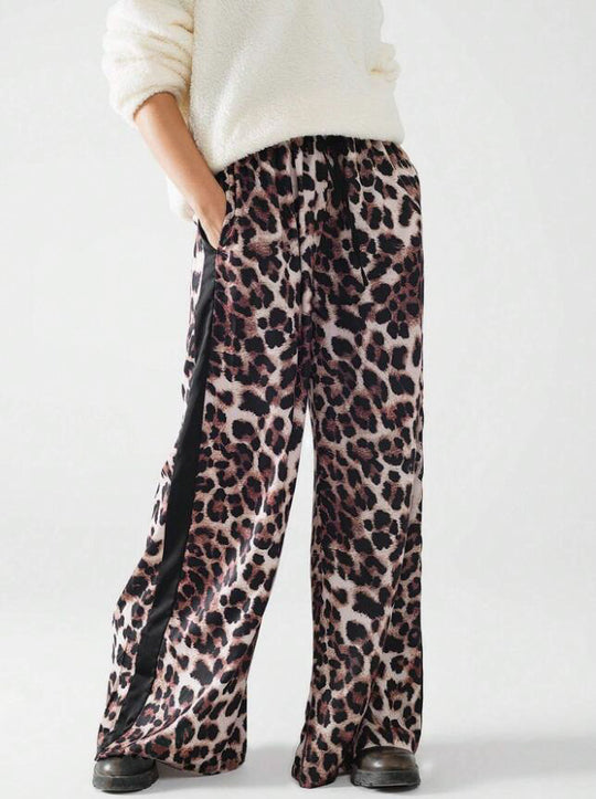 Damen weite Leinenhose mit modischem Leopardenmuster und kontrastierendem Streifen EB