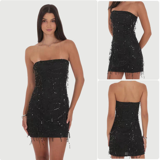 Damen Elegantes schulterfreies Cocktailkleid mit funkelnden Pailletten und figurbetontem Schnitt EB