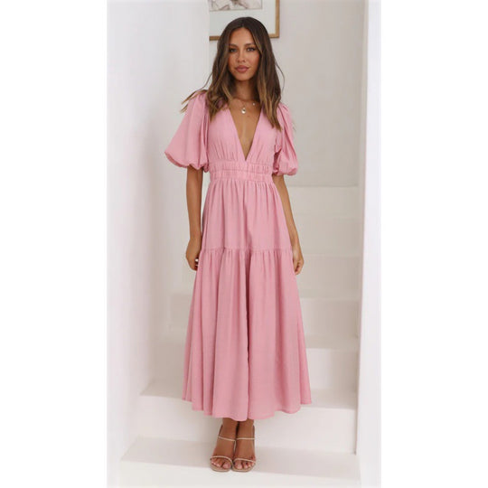 Damen Midi-Kleid mit Puffärmeln und tiefem V-Ausschnitt EB
