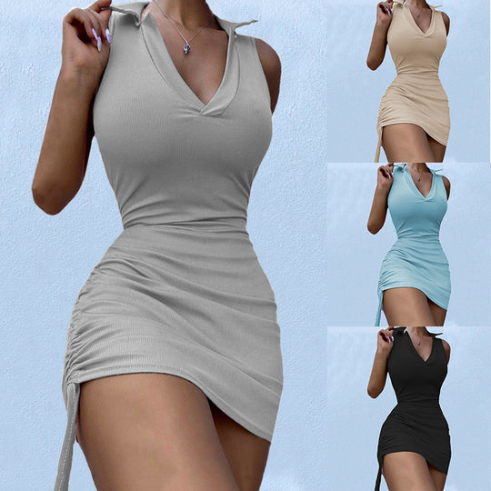 Damen figurbetontes Minikleid mit tiefem V-Ausschnitt und Raffungen EB