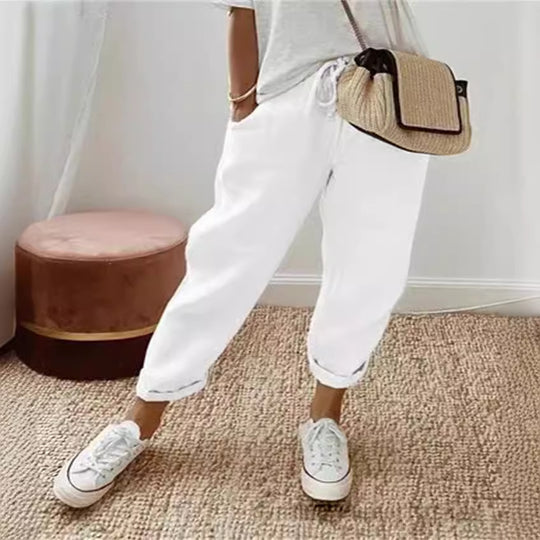 Damen nan legerer Leinen-Jogger mit Kordelzug, Eingrifftaschen und umgeschlagenem Saum EB