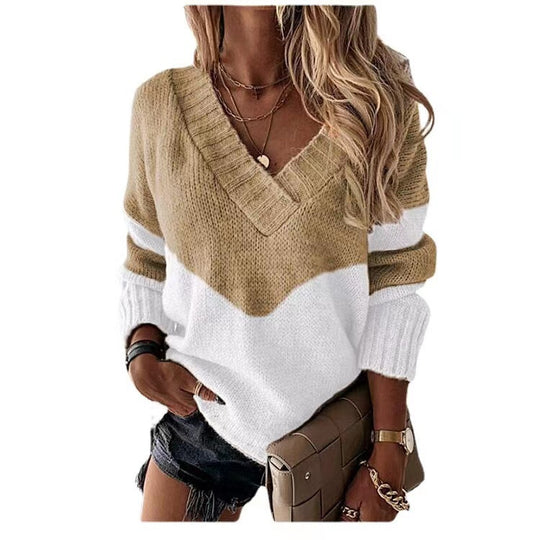 Damen Strickpullover mit V-Ausschnitt und trendigen Farbblockmustern EB