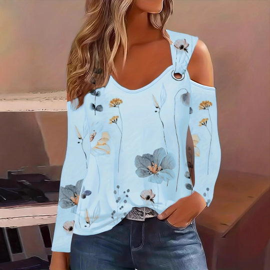 Damen Elegantes Langarmshirt mit kühlem Schulterdesign und floralem Druck EB