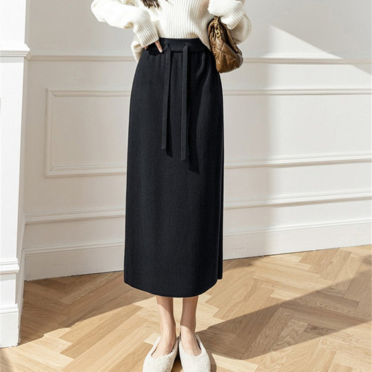 Damen Midi-Rock mit Taillenschnürung und geripptem Design EB