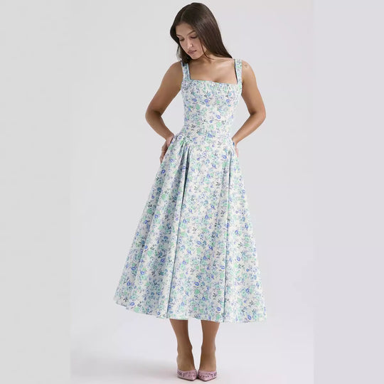 Damen Midi-Kleid mit floralem Muster und angeschnittenem Rock EB