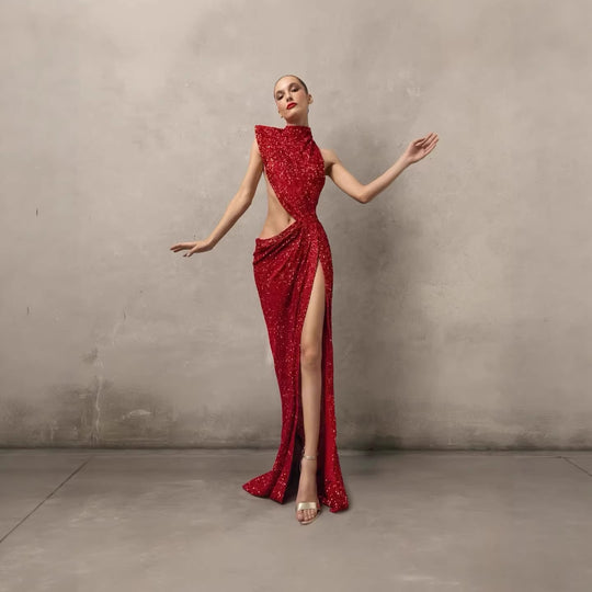 Damen glamouröses Abendkleid mit asymmetrischem Schnitt und glitzerndem Stoff EB