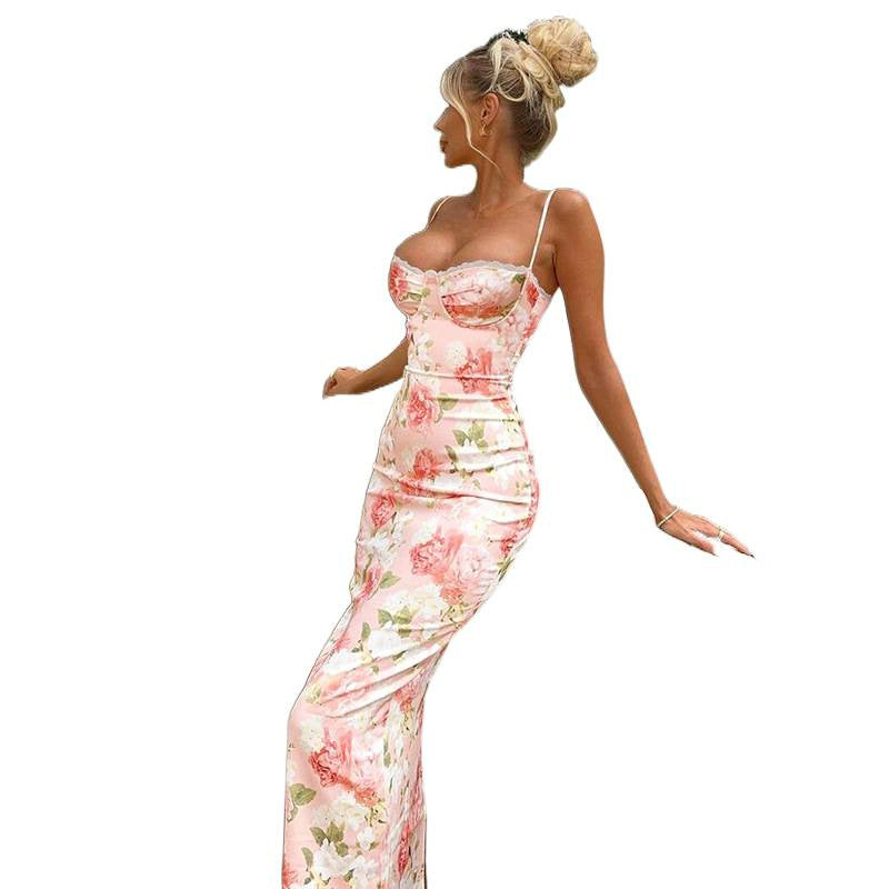 Damen Langärmeliges Satin Maxikleid mit floralen Rüschen EB