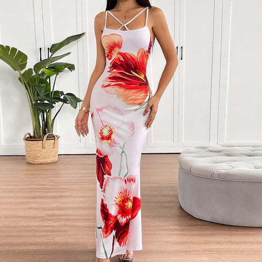Damen Maxikleid mit elegantem Blumenmuster und zarten Spaghetti-Trägern EB