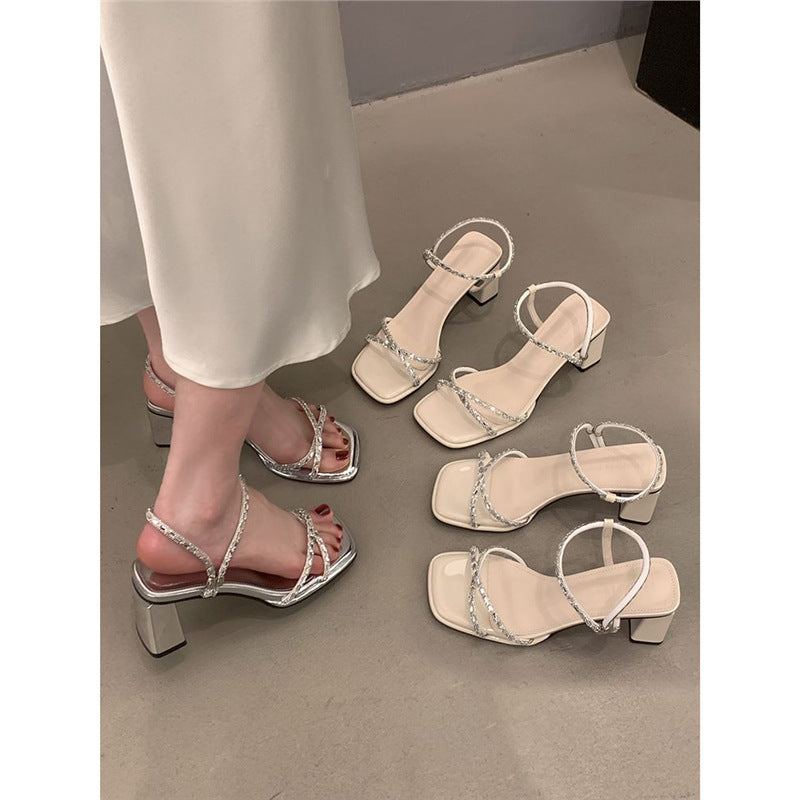 Damen elegante Sandalen mit funkelnden Riemchen und modischem Blockabsatz EB