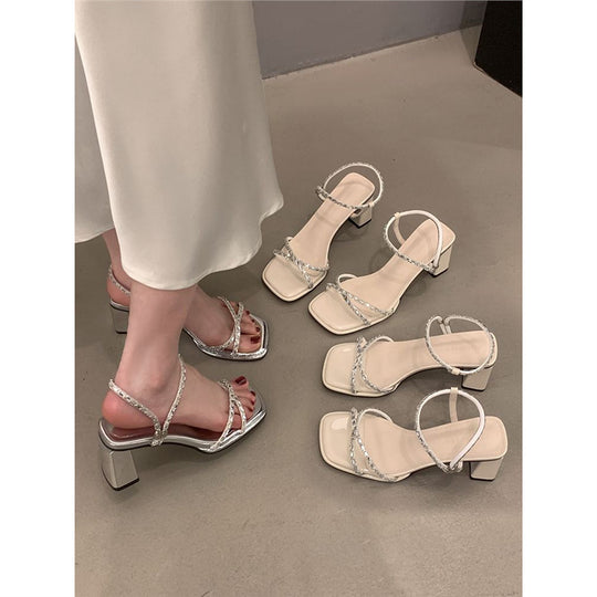 Damen elegante Sandalen mit funkelnden Riemchen und modischem Blockabsatz EB