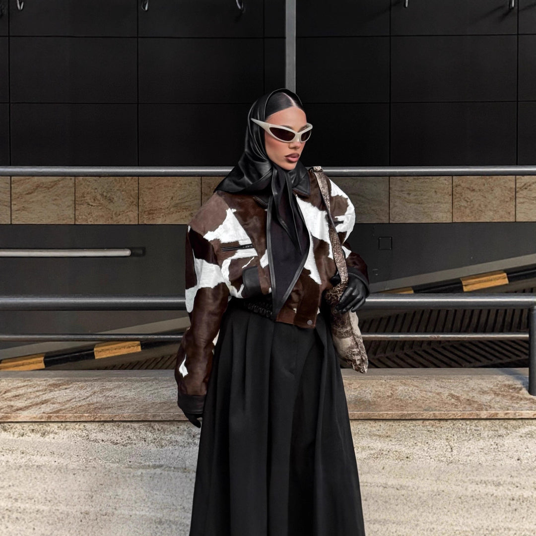 Damen modische Kurzjacke im auffälligen Kuhfell-Look mit akzenten EB