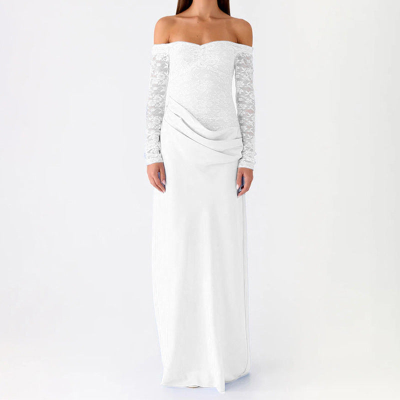 Damen Elegantes Hochzeitskleid mit schulterfreiem Ausschnitt und Spitzenärmeln EB