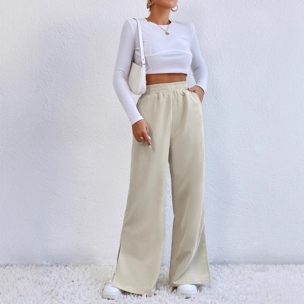 Damen Weite Cord-Hose mit elastischem Bund und seitlichen Schlitzen EB