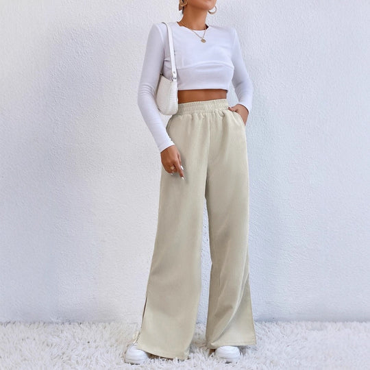 Damen Weite Cord-Hose mit elastischem Bund und seitlichen Schlitzen EB