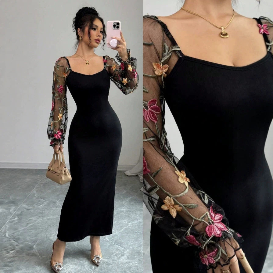 Damen Elegantes Maxikleid mit floralen Spitzenärmeln und figurbetontem Schnitt EB