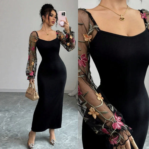 Damen Elegantes Maxikleid mit floralen Spitzenärmeln und figurbetontem Schnitt EB
