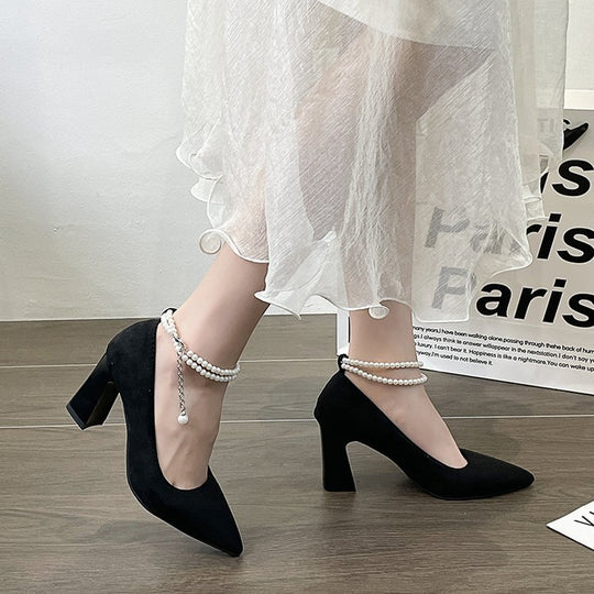 Damen elegante Pumps mit perlverziertem Riemen und blockiertem Absatz EB