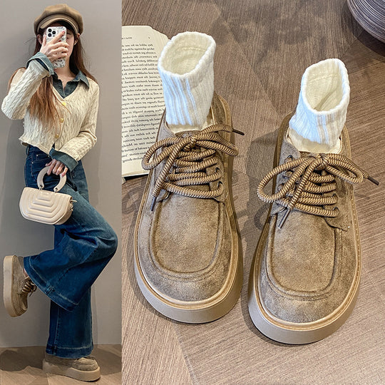 Damen modische Plateau-Schnürschuhe mit weichem Obermaterial und robustem Profil EB