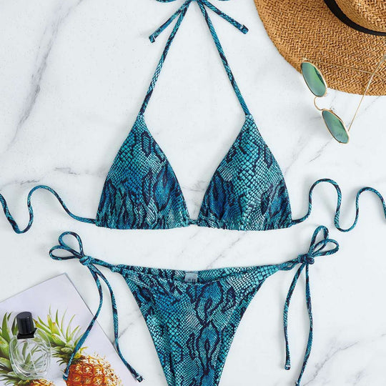 Damen Triangel-Bikini mit Schlangenprint und verstellbaren Trägern EB