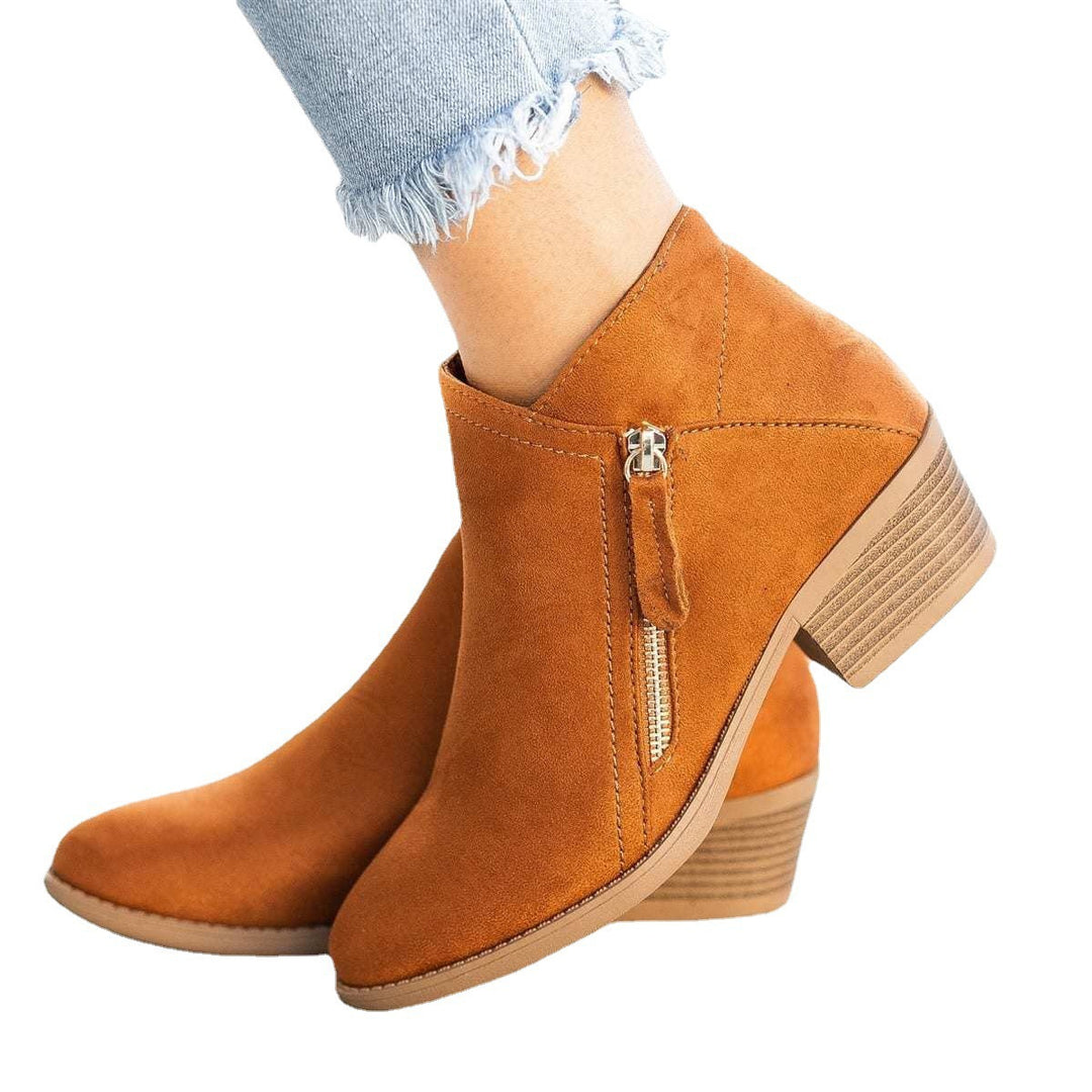 Damen nan elegante knöchelhohe Wildlederoptik-Stiefelette mit schlanker Rundspitze, seitlichem Metallreißverschluss und gestapeltem Blockabsatz EB
