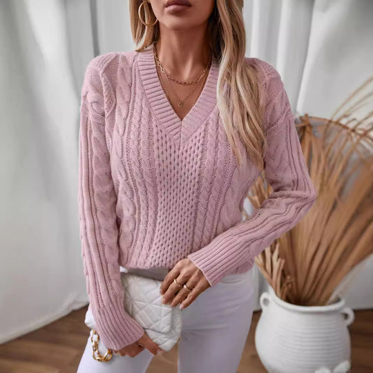 Damen modischer Strickpullover mit tiefem V-Ausschnitt und Zopfmuster EB