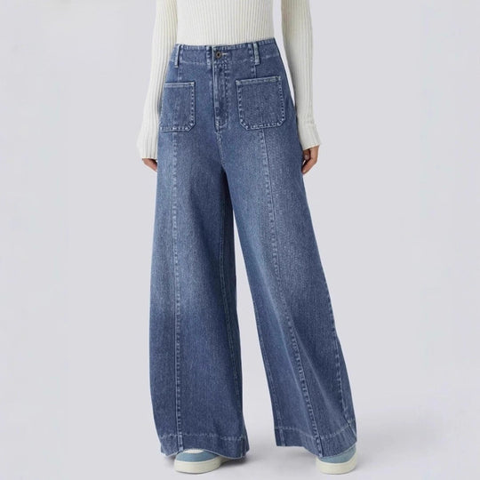 Damen nan hochtaillierte weite Jeanshose mit aufgesetzten Fronttaschen und vertikaler Ziernaht EB