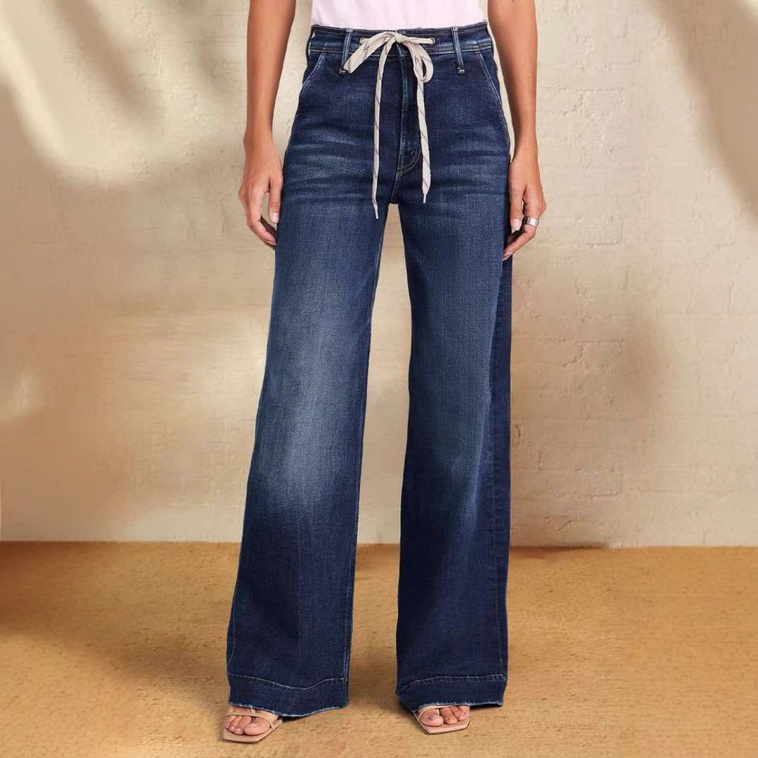 Damen Weite Denim-Hose mit hohem Bund und regulierbarem Kordelzug EB