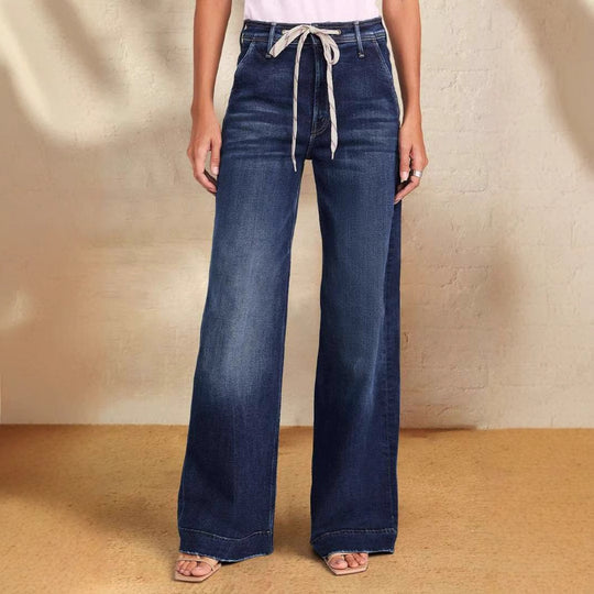 Damen Weite Denim-Hose mit hohem Bund und regulierbarem Kordelzug EB