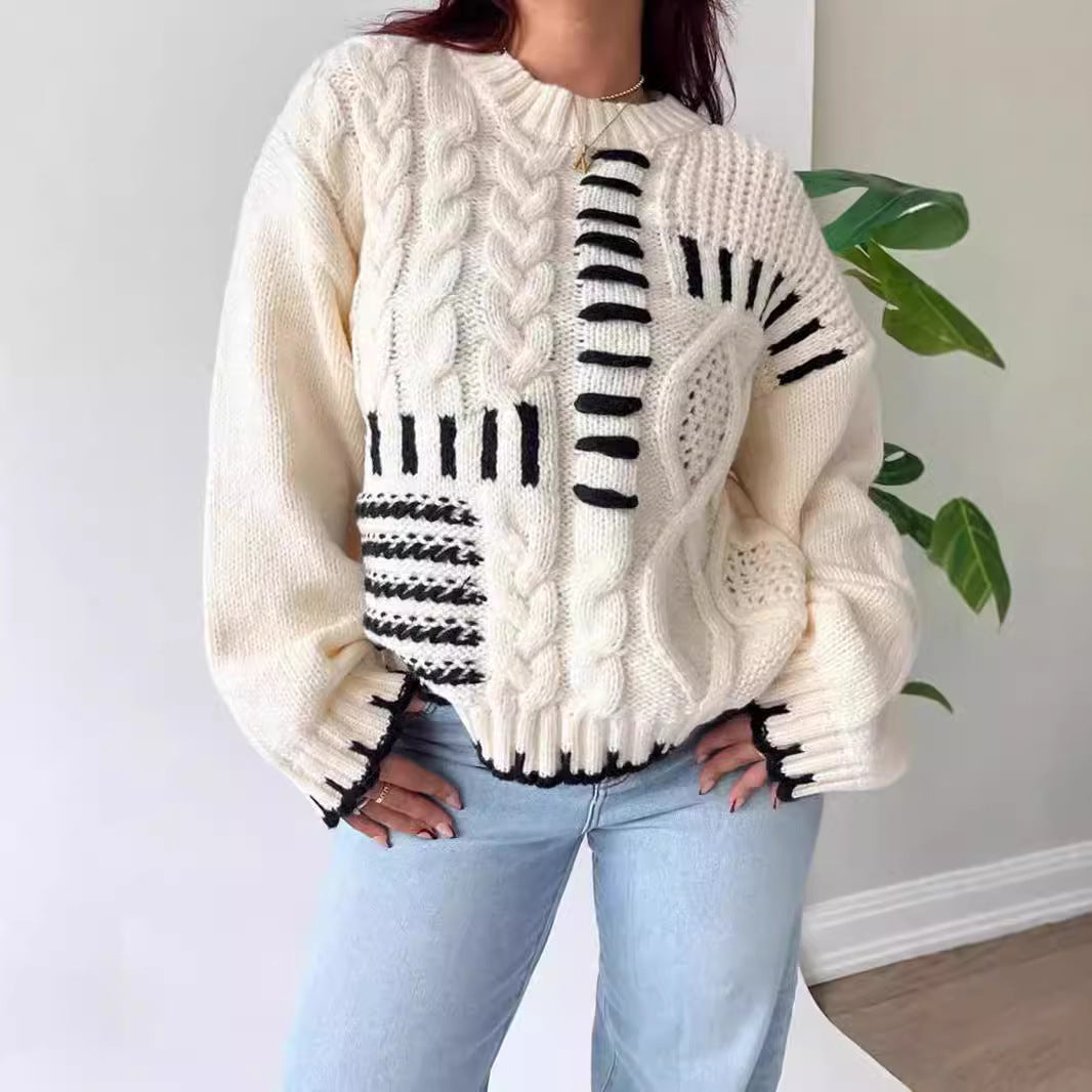 Damen Grobstrickpullover mit kreativem Patchwork-Design und lässigem Schnitt EB