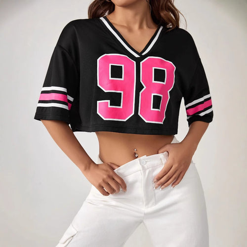 Damen Crop-Top mit sportivem V-Ausschnitt und grafischem Druck EB