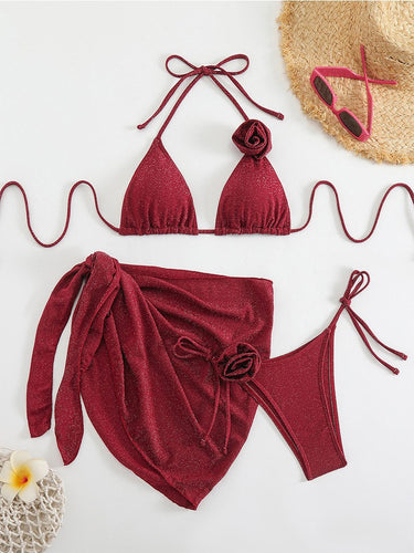 Damen Glitzernder Triangel-Bikini mit elegantem Wickelrock EB