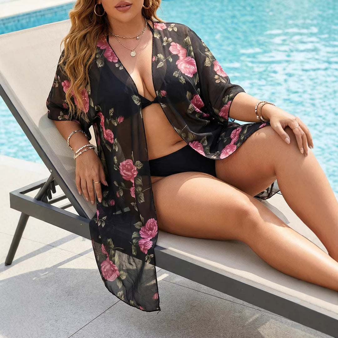 Damen transparenter Strandüberwurf mit floralen Mustern EB