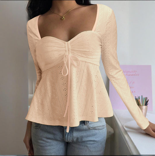 Damen luftiges Blusenshirt mit Rüschendetails und Schnürung EB