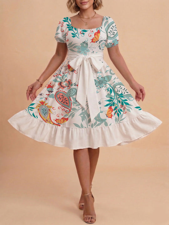 Damen elegantes Maxikleid mit floralem Design und Taillengürtel EB