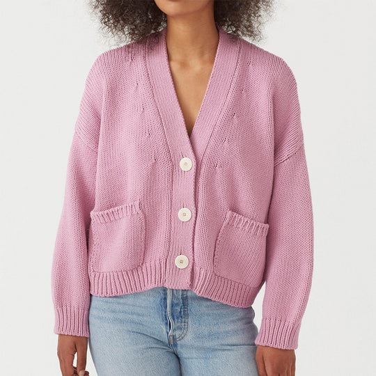 Damen lässiger Strickcardigan mit großen Taschen und Knopfverschluss EB