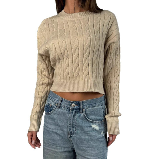 Damen Kurzer Boxy-Zopfstrickpullover mit geripptem Saum und Rundhalsausschnitt EB