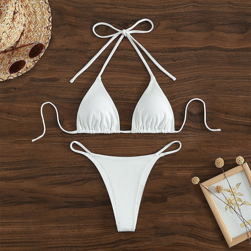 Damen Triangel-Bikini mit anpassbaren Bindebändern und modischem Ripp-Design EB