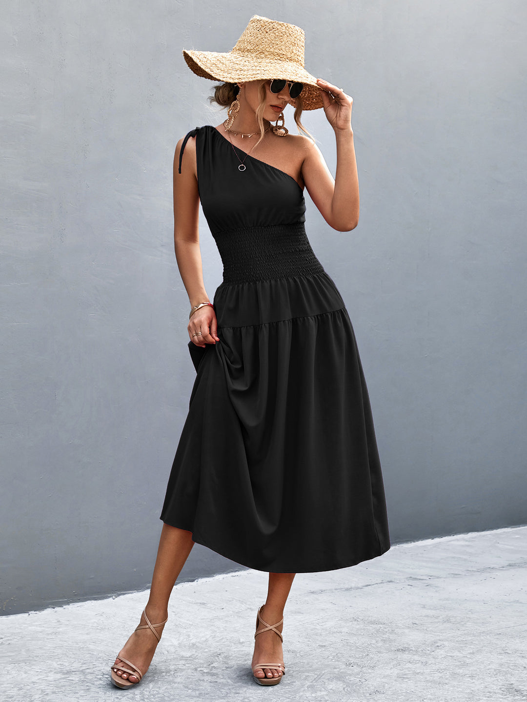 Damen Midikleid mit schnörkellosem Ein-Schulter-Design und elastischem Taillenband EB