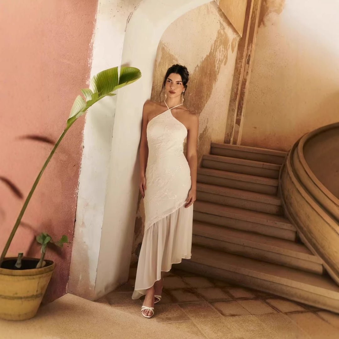 Damen Asymmetrisches Hochzeitskleid mit eleganter Spitze EB