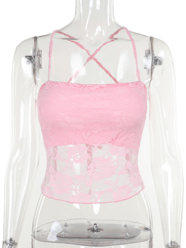 Damen Spitzen-Crop-Top mit verstellbaren Spaghetti-Trägern und floralem Muster EB