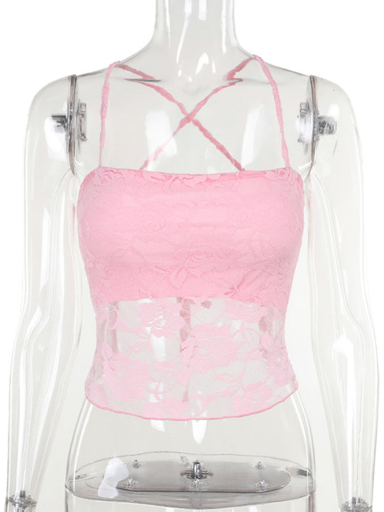 Damen Spitzen-Crop-Top mit verstellbaren Spaghetti-Trägern und floralem Muster EB