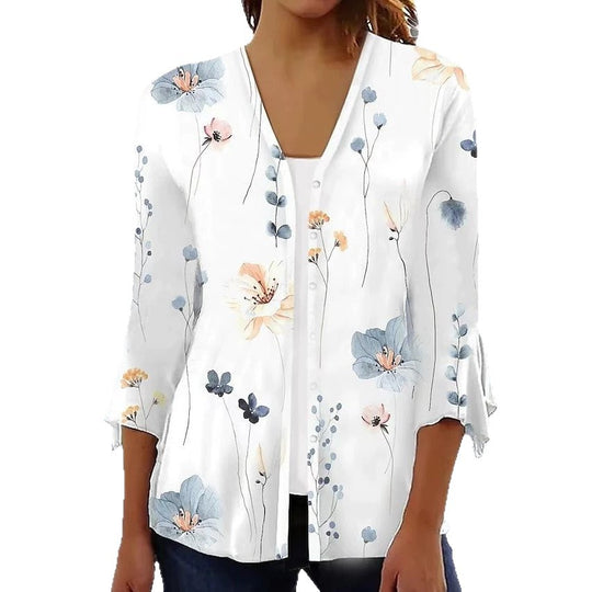 Damen nan leichte Chiffonbluse mit Aquarellblumenprint, V‑Ausschnitt, Knopfleiste und dreiviertelärmeln EB