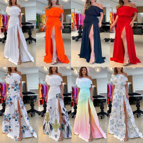 Damen Langärmeliges Kleid mit seitlichem Schlitz und off-shoulder Design EB