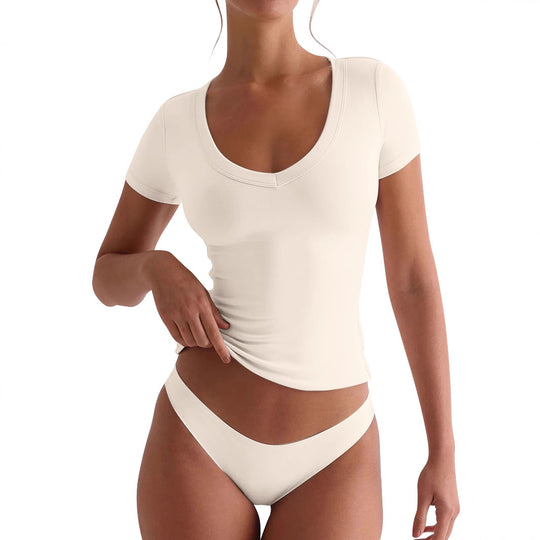 Damen figurbetontes V-Neck T-Shirt mit kurzen Ärmeln EB